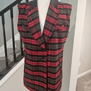 Patrizia Luca Milano – Red Black Gray Plaid Wool/Faux Leather Vest (Size XL)